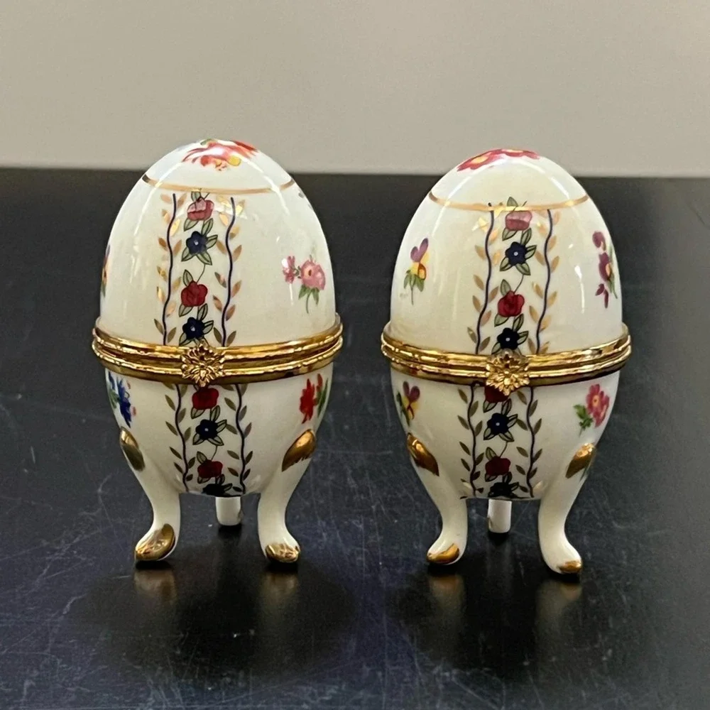 Trinket Box White Floral Gold Trim Hinged Footed Egg Set of 2 Small